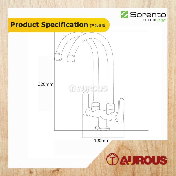 SORENTO STAINLESS STEEL 304 DOUBLE PILLAR MOUNTED C/W Ø24MM SPOUT KITCHEN SINK WATER TAP (SRTKT1871SS) - Image 2