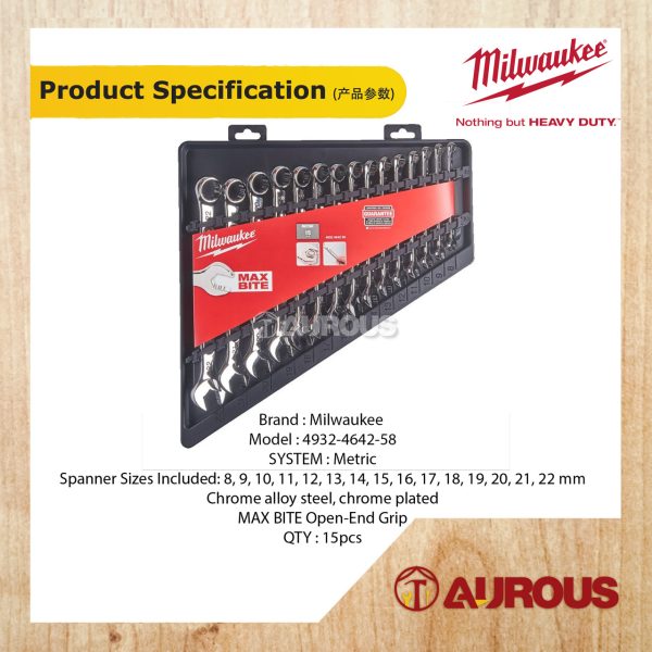 MILWAUKEE MAXBITE METRIC 15PC COMBINATION WRENCH SPANNAR SET (4932-4642-58) - Image 5