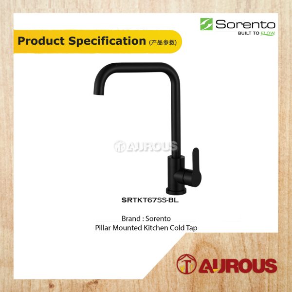 SORENTO STAINLESS STEEL PILLAR MOUNTED KITCHEN COLD TAP SINK WATER TAP SRTKT67SS-BL (MATT BLACK) - Image 3