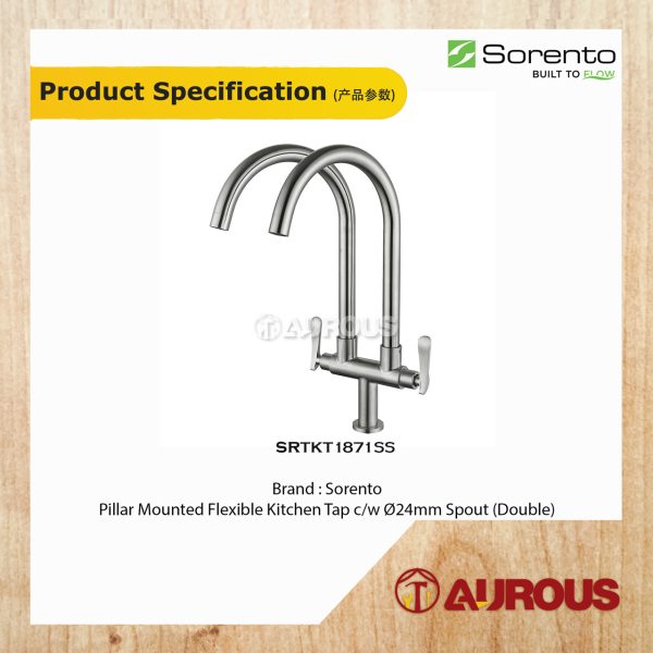 SORENTO STAINLESS STEEL 304 DOUBLE PILLAR MOUNTED C/W Ø24MM SPOUT KITCHEN SINK WATER TAP (SRTKT1871SS) - Image 3