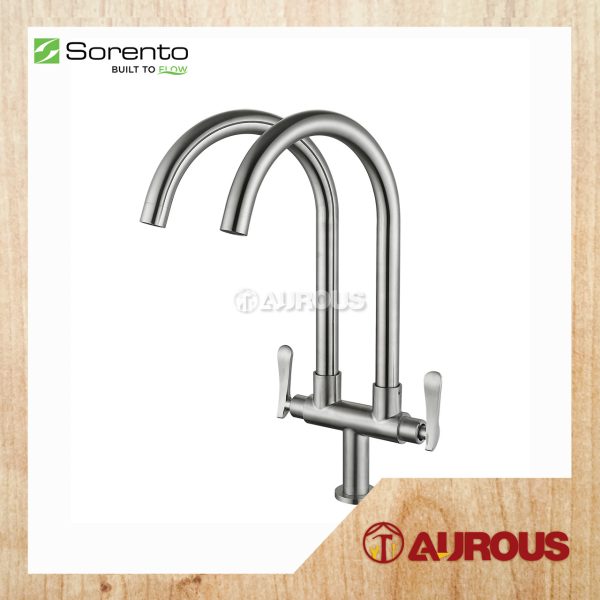 SORENTO STAINLESS STEEL 304 DOUBLE PILLAR MOUNTED C/W Ø24MM SPOUT KITCHEN SINK WATER TAP (SRTKT1871SS)