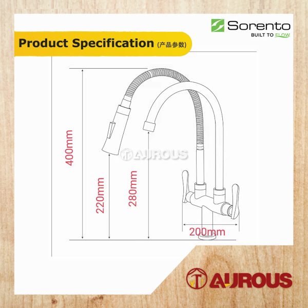 SORENTO STAINLESS STEEL 304 2 WAY PILLAR MOUNTED FLEXIBLE HEAD + SPOUT KITCHEN SINK WATER TAP (SRTKT1866SS) - Image 4