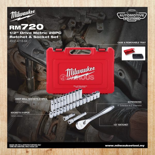MILWAUKEE 1/2'' DRIVE METRIC 28PCS RACHET & SOCKET SET (4932-4718-64)