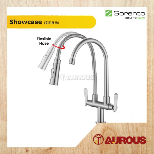 SORENTO STAINLESS STEEL 304 2 WAY PILLAR MOUNTED FLEXIBLE HEAD + SPOUT KITCHEN SINK WATER TAP (SRTKT1866SS) - Image 2