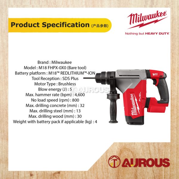 MILWAUKEE GEN II FUEL 3 IN 1 32MM SDS-PLUS HIGH PERFORMANCE ROTARY HAMMER W/FIXTEC M18 FHPX-0X0 (BARE TOOL) - Image 6