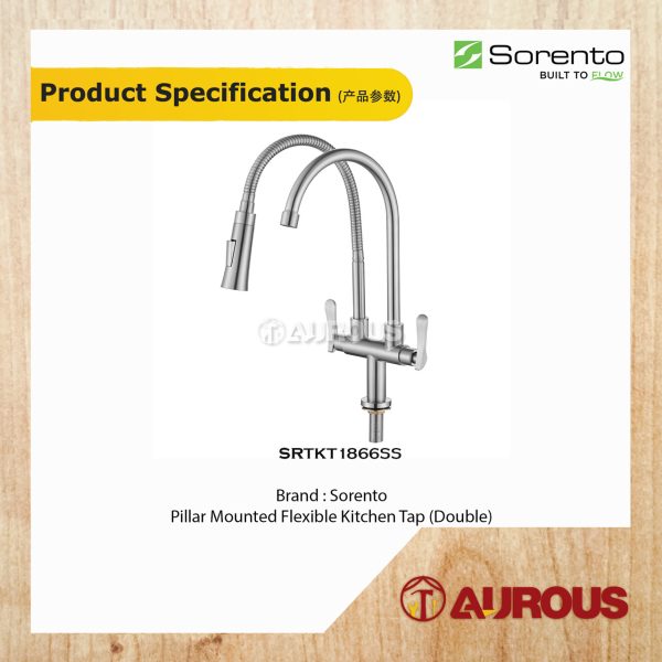 SORENTO STAINLESS STEEL 304 2 WAY PILLAR MOUNTED FLEXIBLE HEAD + SPOUT KITCHEN SINK WATER TAP (SRTKT1866SS) - Image 3