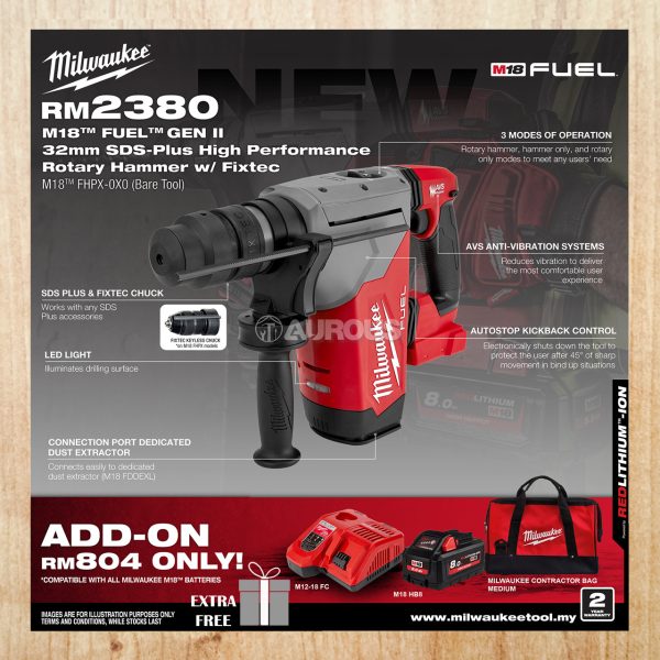 MILWAUKEE GEN II FUEL 3 IN 1 32MM SDS-PLUS HIGH PERFORMANCE ROTARY HAMMER W/FIXTEC M18 FHPX-0X0 (BARE TOOL)