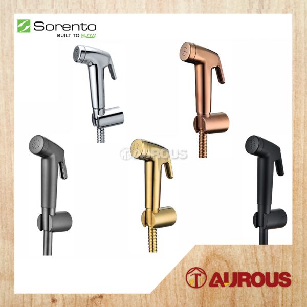 SORENTO SRT86 HAND BIDET C/W 1.2M PVC FLEXIBLE HOSE SPRAY SET WITH HOLDER (CHROME/BLACK/GUNMETAL/FULL ROSE GOLD/GOLDEN YELLOW)