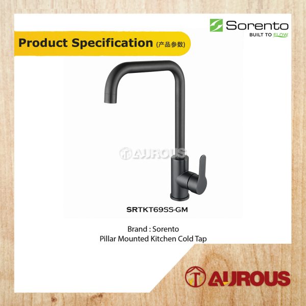 SORENTO STAINLESS STEEL PILLAR MOUNTED KITCHEN COLD TAP SINK WATER TAP SRTKT69SS-GM (GUN METAL) - Image 3