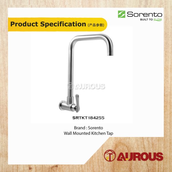 SORENTO STAINLESS STEEL WALL MOUNTED KITCHEN TAP SINK WATER TAP (SRTKT1842SS) - Image 3