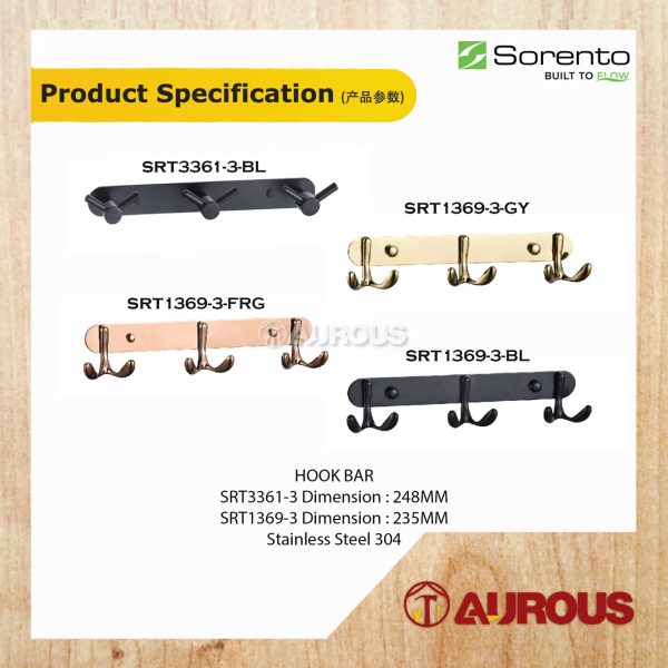 SORENTO BATHROOM TOILET STAINLESS STEEL 304 MULTI PURPOSE 3 HOOK BAR WALL MOUNT TOWEL CLOTH HANGER - Image 6