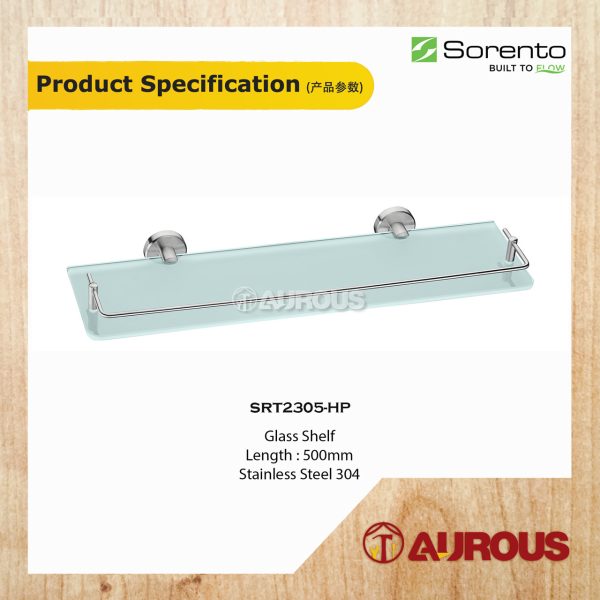 SORENTO BATHROOM WALL MOUNTED STAINLESS STEEL 304 GLASS SHELF 500MM (SRT2305-HP) - Image 4