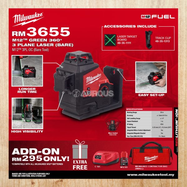 MILWAUKEE M12 MAGNETIC 360 DEGREE 3 LINE PLANE LASER MACHINE M12 3PL-0 [BARE TOOL]