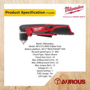 MILWAUKEE M12 RIGHT ANGLE DRILL/DRIVER M12 C12 RAD-0B (BARE TOOL) - Image 6