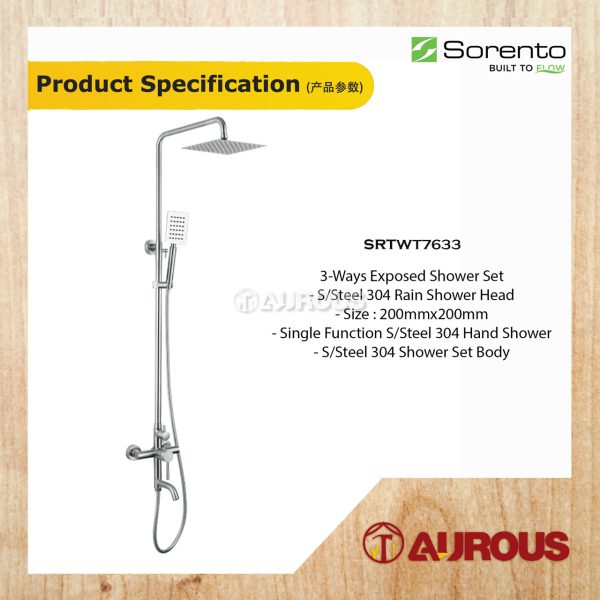 SORENTO STAINLESS STEEL 304 SINGLE FUNCTION 3 WAYS EXPOSED SHOWER HEAD SET 200MM X 200MM (SRTWT7633) - Image 7
