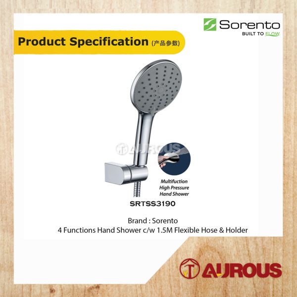 SORENTO 4 FUNCTIONS HAND SHOWER C/W 1.5 METER FLEXIBLE HOSE & HOLDER SET (SRTSS3190) - Image 3