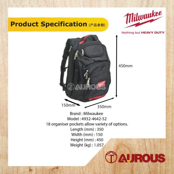 MILWAUKEE TRADESMAN BACKPACK JOBSITE BAG WITH 18 ORGANISER POCKETS (4932-4642-52) - Image 6