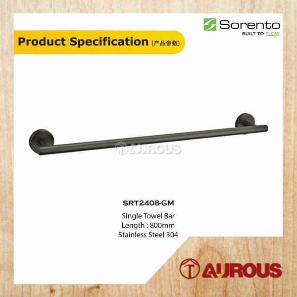 SORENTO BATHROOM WALL MOUNTED STAINLESS STEEL 304 SINGLE TOWEL BAR 800MM (SRT2408-GM) - Image 2