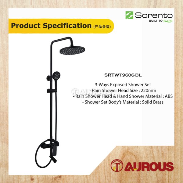 SORENTO BATHROOM 3 WAYS EXPOSED SHOWER SET C/W 3 FUNCTIONS HAND SHOWER & 9'' RAIN SHOWER HEAD (SRTWT9606-BL) - Image 4