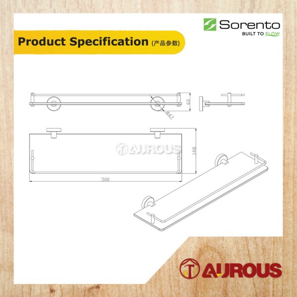 SORENTO BATHROOM WALL MOUNTED STAINLESS STEEL 304 GLASS SHELF 500MM (SRT2305-HP) - Image 3