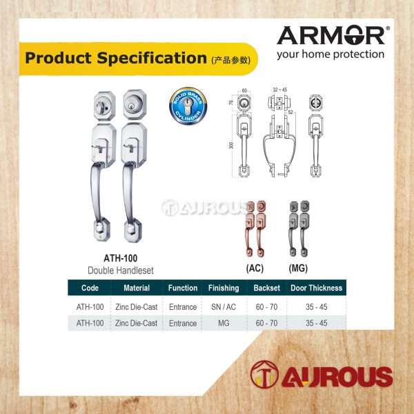 ARMOR 60-70MM GRIPSET DOUBLE HANDLESET LOCK ENTRANCE DOOR LOCK (ATH-100/SN ATH-100/AC ATH-100/MG) - Image 8