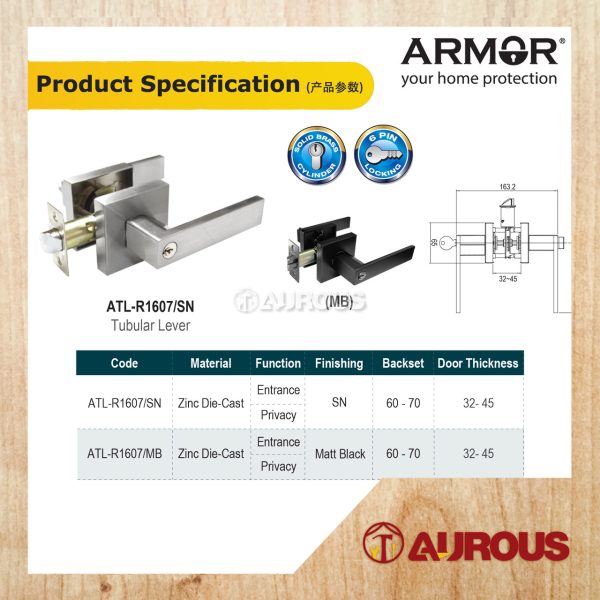 ARMOR ENTRANCE TUBULAR LEVER LOCK C/W 60-70MM LATCH BACKSET ATL-R1607 (SN/MB) - Image 5