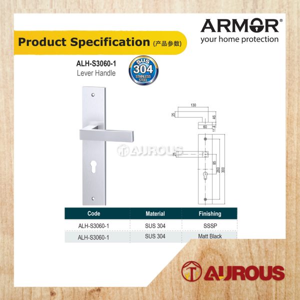 ARMOR STAINLESS STEEL SUS304 LEVEL HANDLE WITH PLATE (ALH-S3060-1/SSSP ALH-S3060-1/MB) - Image 5
