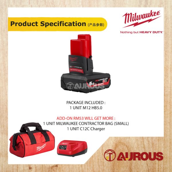 MILWAUKEE M12 HIGH OUTPUT 5.0Ah RED LITHIUM-ION BATTERY M12 HB5.0 - Image 5