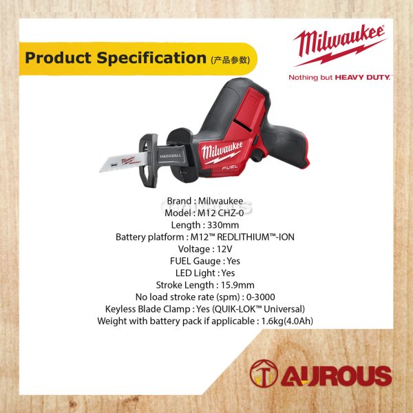 MILWAUKEE CORDLESS BATTERY M12 FUEL HACKZALL M12 CHZ-0 (BARE TOOL) - Image 4