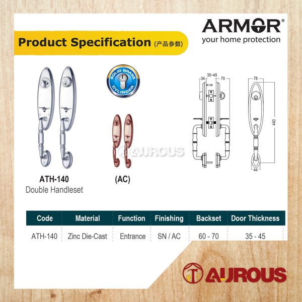 ARMOR 60-70MM GRIPSET DOUBLE HANDLESET LOCK ENTRANCE DOOR LOCK (ATH-140/SN ATH-140/AC) - Image 7