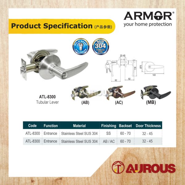 ARMOR STANLESS STEEL 304 TUBULAR LEVER LOCK C/W 60-70MM LATCH BACKSET ATL-8300 (SS/AC/AB/MB) - Image 4
