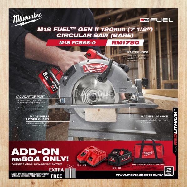 MILWAUKEE M18 FUEL GEN II 190MM (7 1/2'') CIRCULAR SAW M18 FCS66-0 (BARE TOOL)
