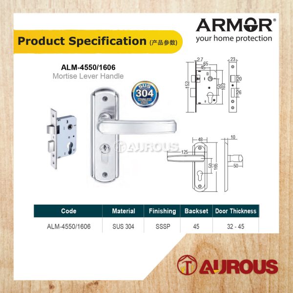 ARMOR STAINLESS STEEL 304 MORTISE LEVEL HANDLE LOCKSET (ALM-4550/1606/SSSP) - Image 5