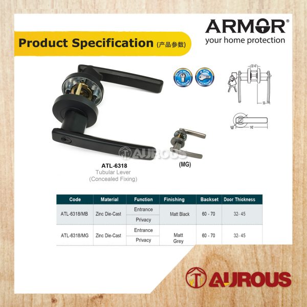 ARMOR HEAVY DUTY ENTRANCE TUBULAR LEVER LOCK C/W 60-70MM LATCH BACKSET ATL-6318 (MB/MG) - Image 5