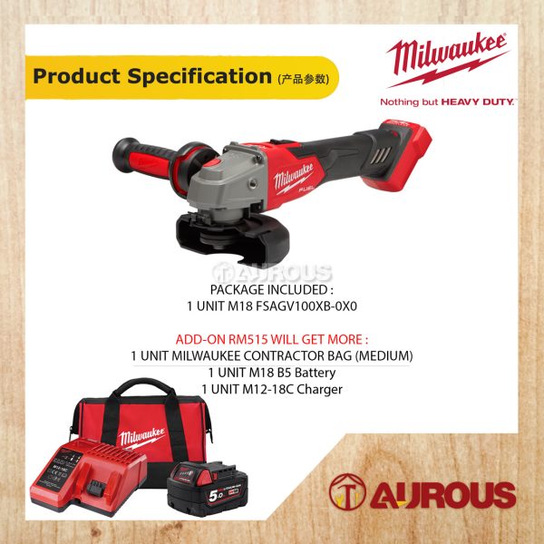 MILWAUKEE FUEL GEN II 4" (100MM) VARIABLE SPEED BRAKING ANGLE GRINDER M18 FSAGV100XB-0X0 (BARE TOOL) - Image 5