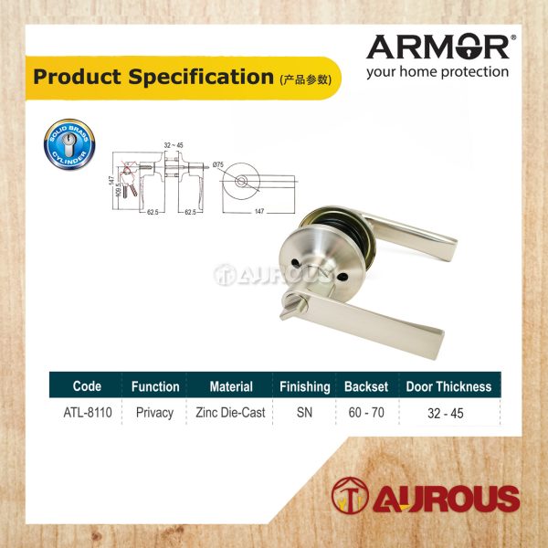 ARMOR BATHROOM TUBULAR LEVER LOCK 60-70MM ATL-8110/SS (PRIVACY) - Image 7