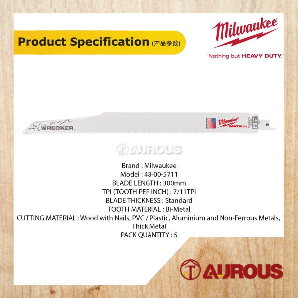 MILWAUKEE WRECKER MULTI-MATERIAL DEMOLITION SAWZALL BLADE 300MM 12" 7/11TPI 48-00-5711 (5pcsPack) - Image 3