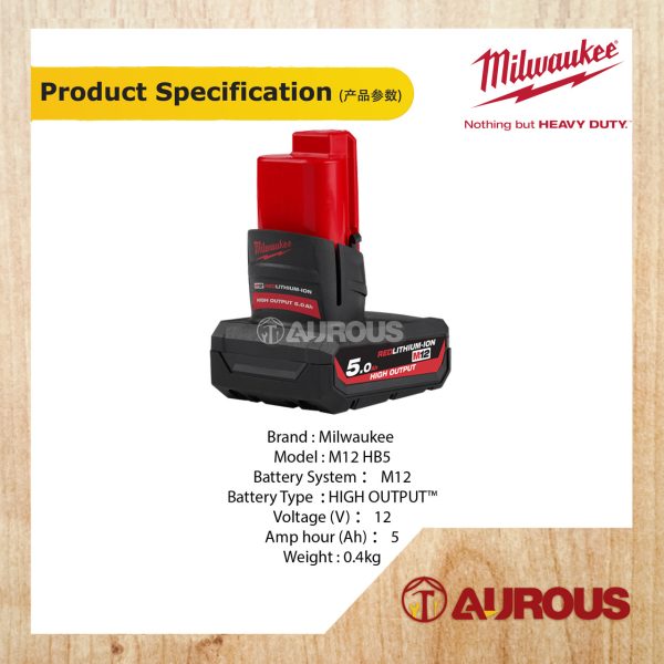 MILWAUKEE M12 HIGH OUTPUT 5.0Ah RED LITHIUM-ION BATTERY M12 HB5.0 - Image 4