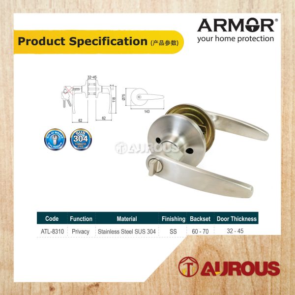 ARMOR BATHROOM TUBULAR LEVER LOCK 60-70MM ATL-8310/SS (PRIVACY) - Image 6