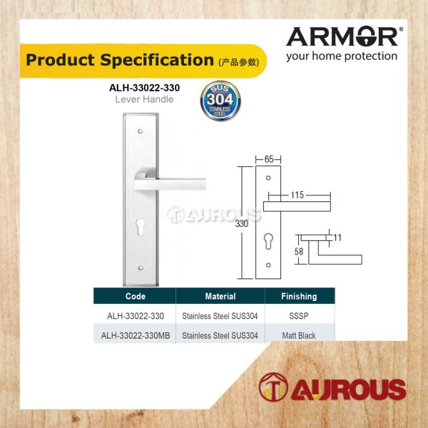 ARMOR STAINLESS STEEL SUS304 LEVEL HANDLE WITH PLATE (ALH-33022-330/SSSP ALH-33022-330/MB) - Image 5