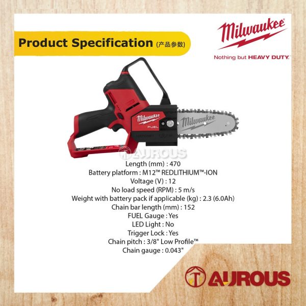 MILWAUKEE M12 FUEL HATCHET PRUNING SAW M12 FHS-0X 152MM 6 INCH [BARE TOOL] - Image 5