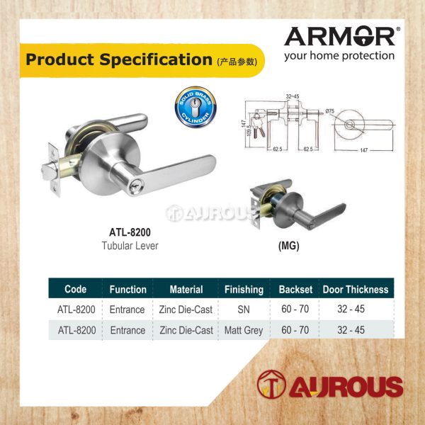 ARMOR ENTRANCE TUBULAR LEVER LOCK C/W 60-70MM LATCH BACKSET ATL-8200 (SN/MG) - Image 7