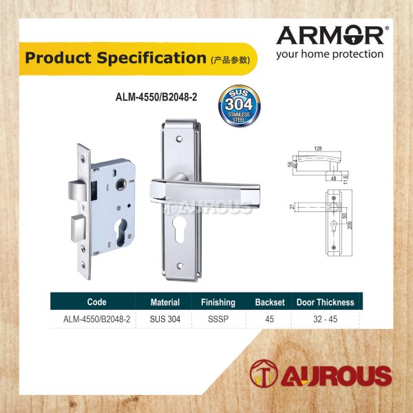 ARMOR STAINLESS STEEL 304 MORTISE LEVEL HANDLE LOCKSET (ALM-4550/B2048-2/SSSP  ALM-4550/B2048-2/MB) - Image 5