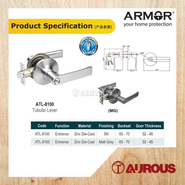 ARMOR ENTRANCE TUBULAR LEVER LOCK C/W 60-70MM LATCH BACKSET ATL-8100 (SN/MG) - Image 7