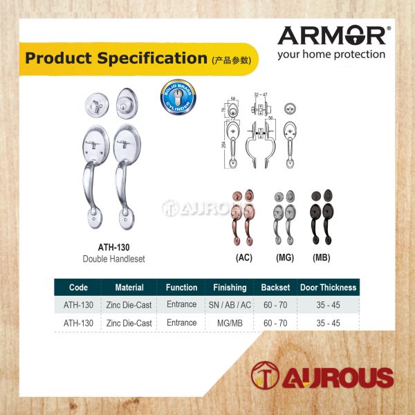 ARMOR 60-70MM GRIPSET DOUBLE HANDLESET LOCK ENTRANCE DOOR LOCK (ATH-130/SN ATH-130/AC ATH-130/MG ATH-130/MB) - Image 7