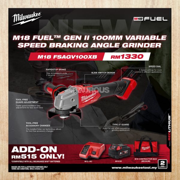 MILWAUKEE FUEL GEN II 4" (100MM) VARIABLE SPEED BRAKING ANGLE GRINDER M18 FSAGV100XB-0X0 (BARE TOOL)