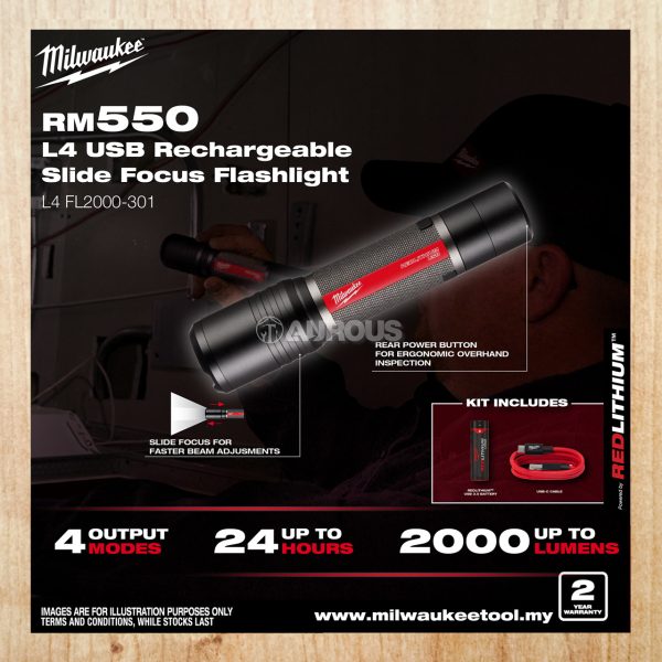 MILWAUKEE L4 B3 USB RECHARGEABLE SLIDE FOCUS FLASHLIGHT L4 FL2000-301