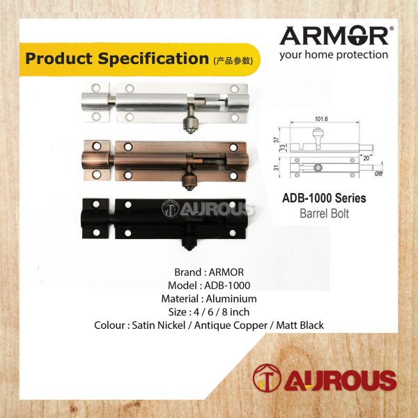 ARMOR ALUMINIUM SLIDE LATCH BARREL BOLT SECURITY DOOR LOCK ADB-1000 SERIES ( SN / AC / MB ) - Image 6