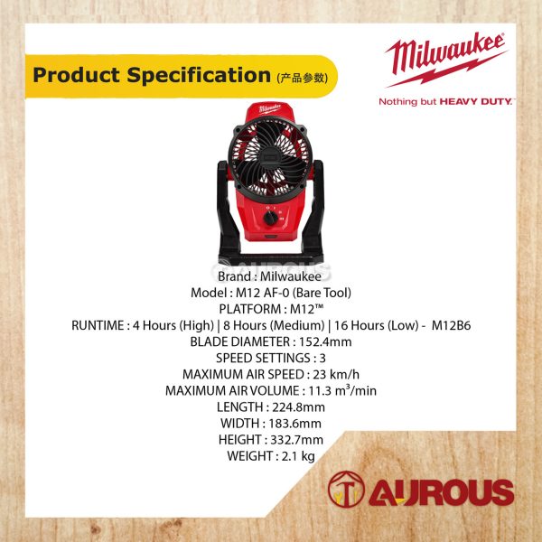 MILWAUKEE M12 CORDLESS MOUNTING AIR FAN M12 AF-0 (BARE TOOL) - Image 6