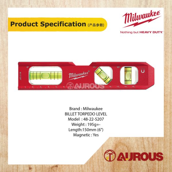 MILWAUKEE METRIC MAGNETIC COMPACT BILLET TORPEDO LEVEL 150MM/6'' 48-22-5207 - Image 4
